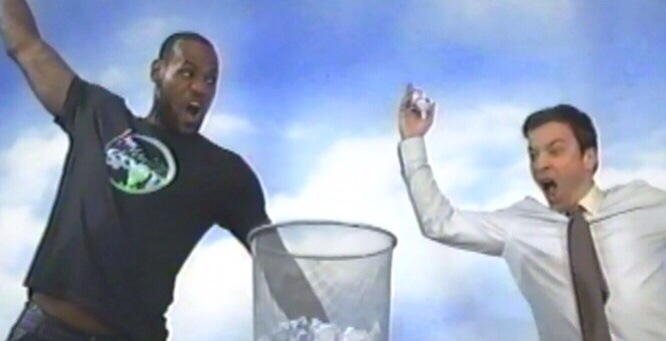 Jimmy Fallon and LeBron James – “Wastepaper Basketball”